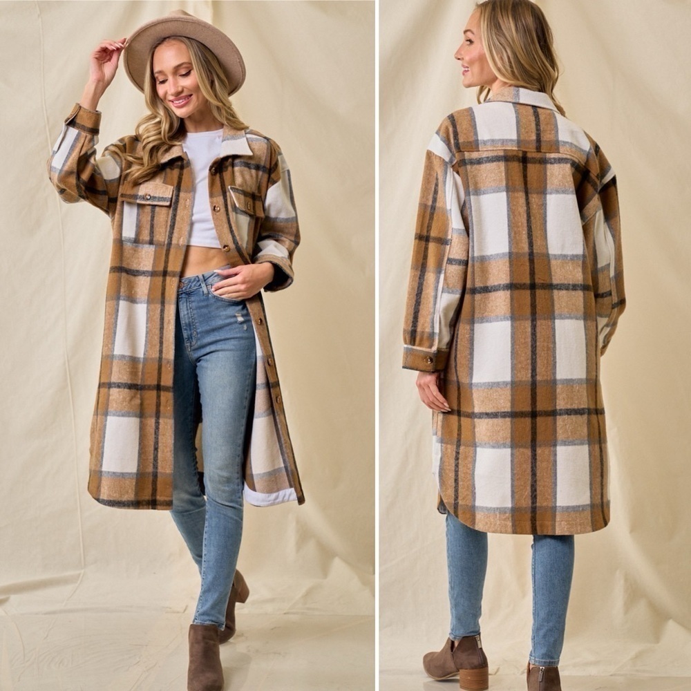 New! Brushed Long Tan Shacket with pockets